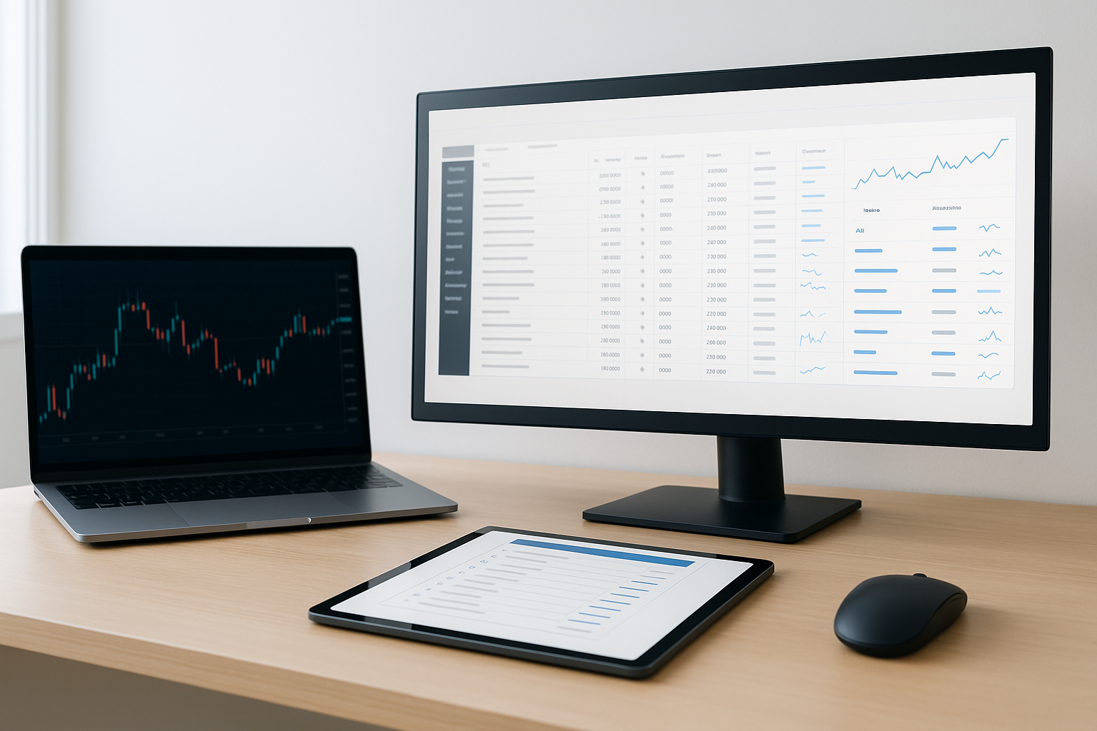 Neutral trading desk with charts and analytics UI